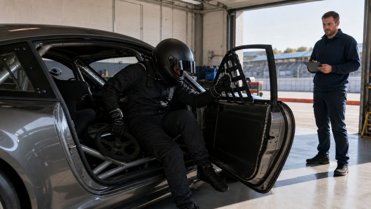 Helmeted race driver rehearses an exit from a stationary track car while a crew member observes the harness and window-net release sequence
