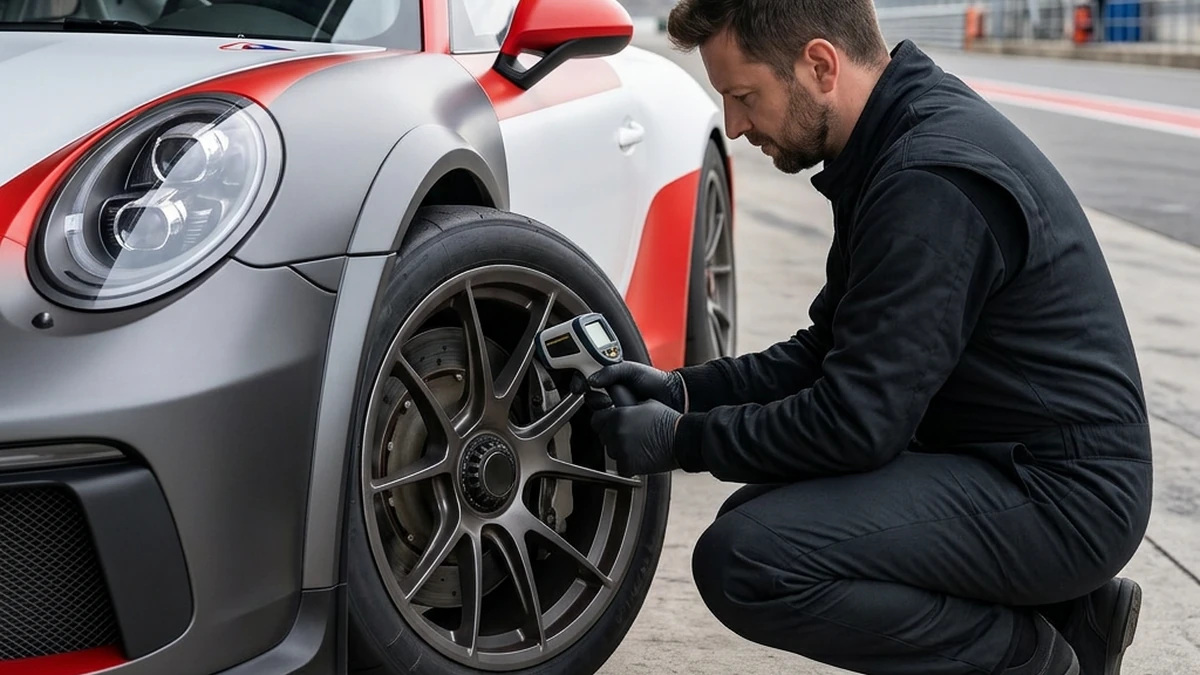 Race technician aiming an infrared brake-temperature thermometer through a wheel spoke at the disc after a track session
